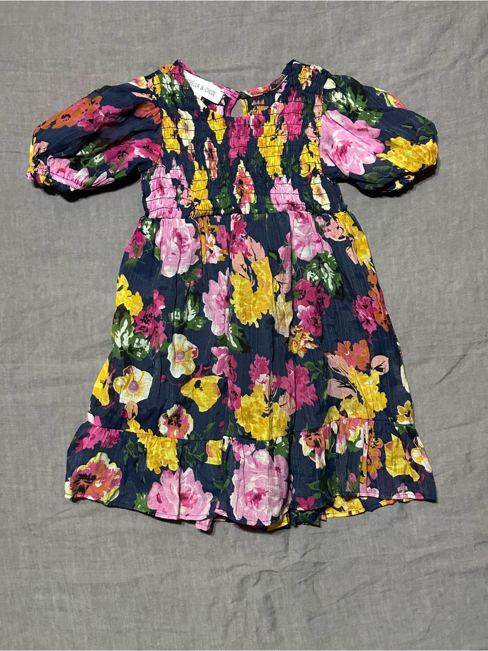Isobella & Chloe Navy Floral Smocked Puff-Sleeve Dress - Pink & Yellow